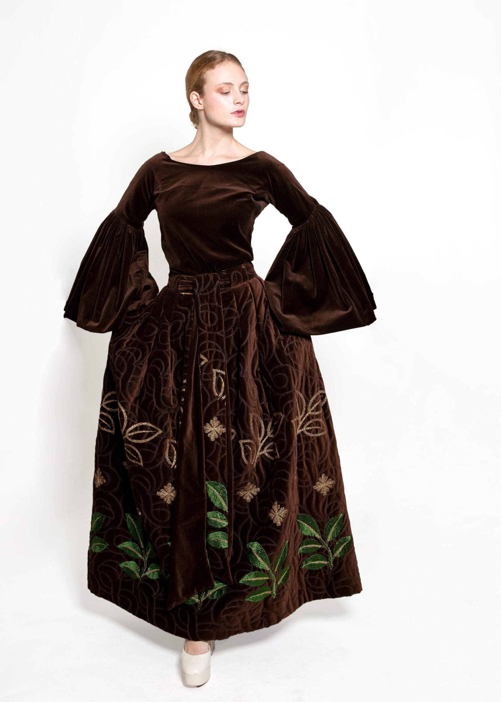 Adolfo 1969 Choc Brn Velvet Embroidered Skirt Set - The Kit Vintage