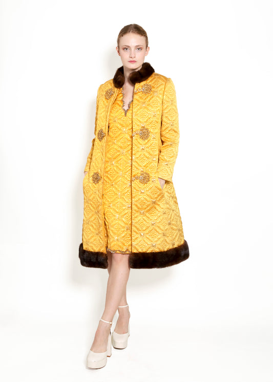 Oscar De La Renta 1968 Brocade Dress & Coat Mink Trim Set