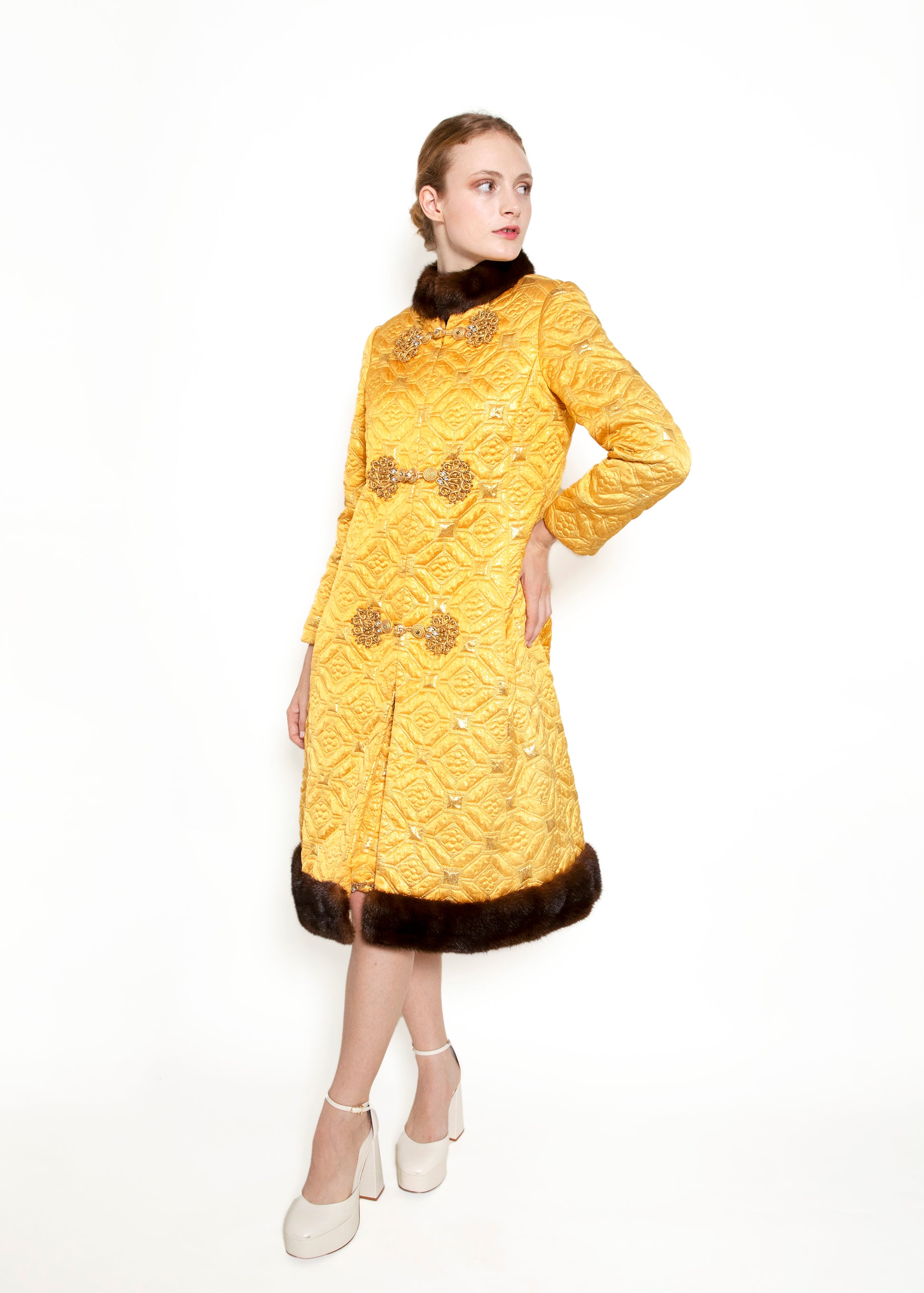 Oscar De La Renta 1968 Brocade Dress & Coat Mink Trim Set - The Kit Vintage