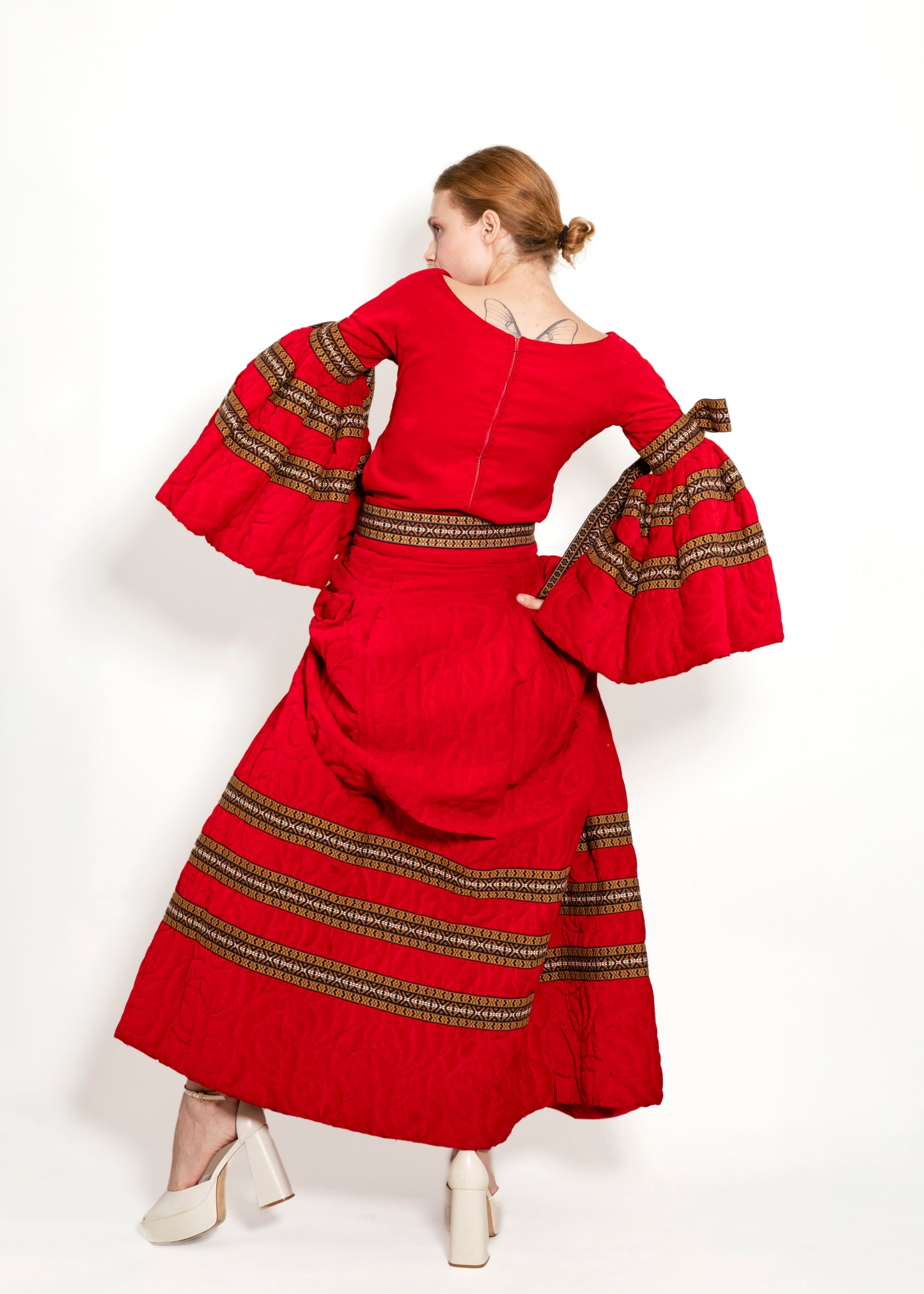Adolfo 1969 Red Adolfo Embroidered & Trim Skirt Set