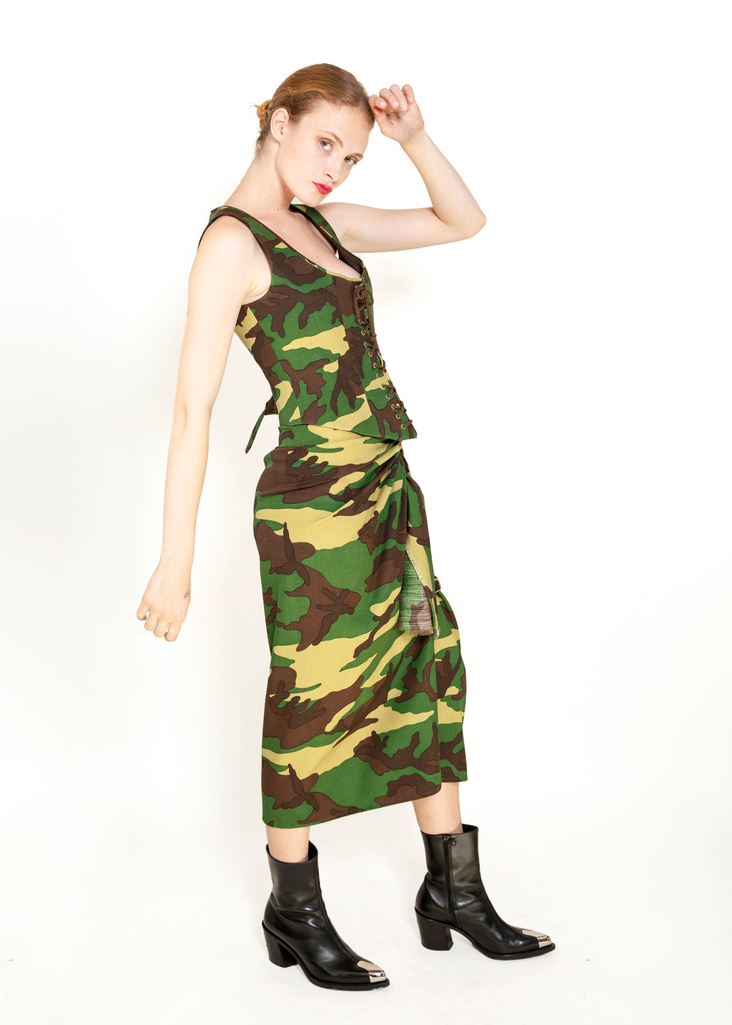 Moschino Couture Camouflage 3 Pc Skirt, Jacket, & Corset Set