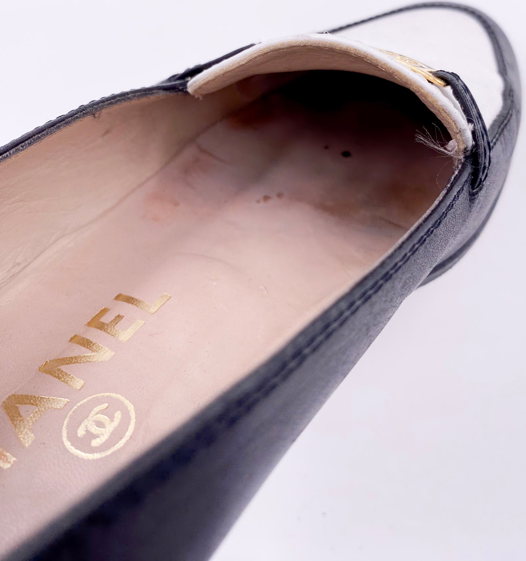Chanel Black/White Loafers with Gold Emblem - The Kit Vintage