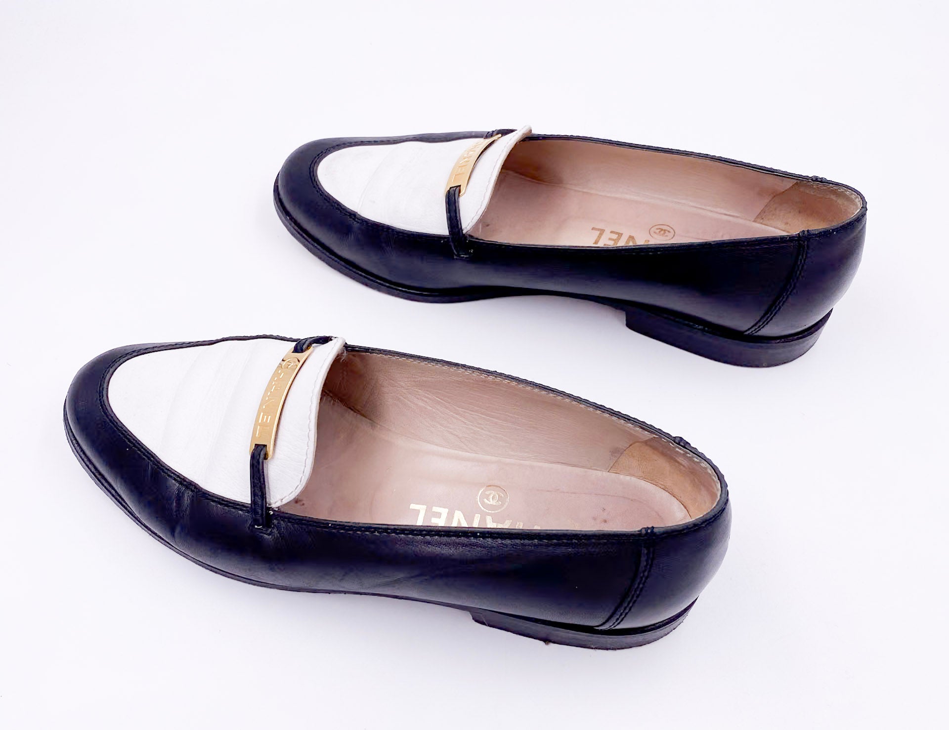 Chanel Black/White Loafers with Gold Emblem - The Kit Vintage