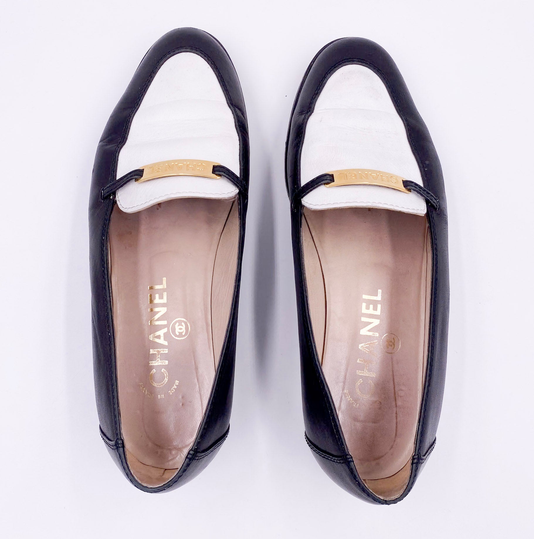 Chanel Black/White Loafers with Gold Emblem - The Kit Vintage