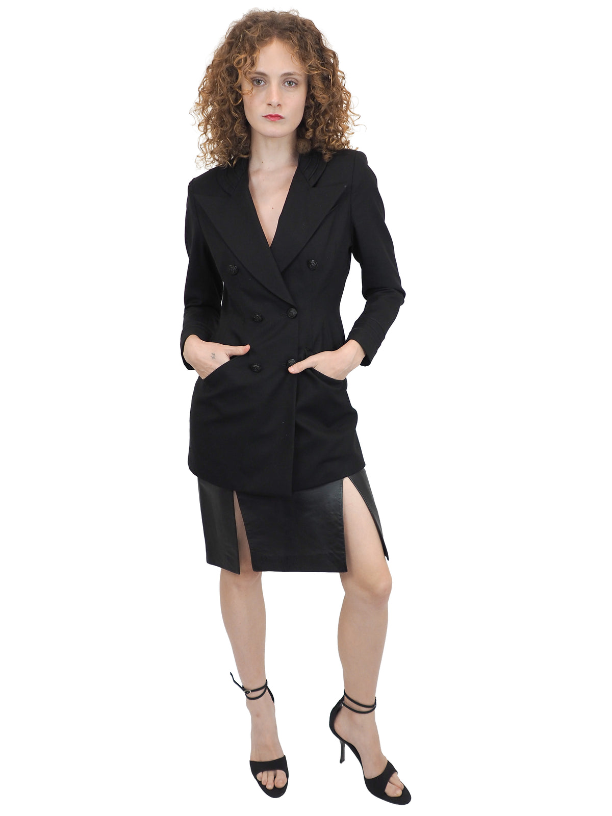 A vintage Richard Tyler black double-breasted blazer with a wrap-style front and notched lapels