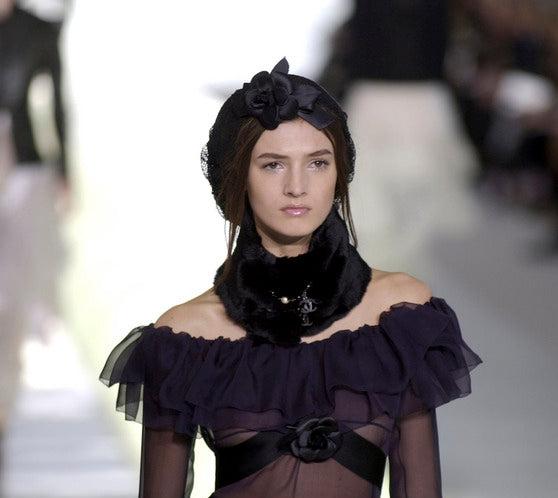 Chanel F/W 2003 RTW Plum Silk Off the Shoulder Ruffle Dropped Waist Dress runway image closeup from First View