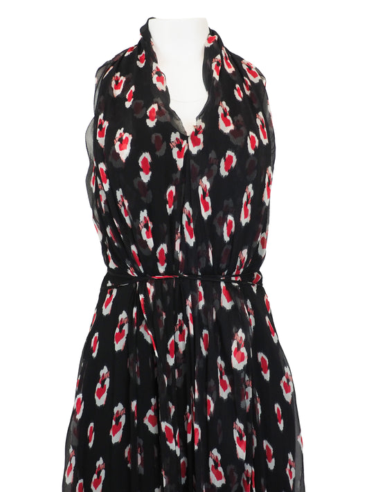 A vintage Carolina Herrera chiffon sleeveless black maxi dress with a red and pink floral print, featuring a halter-style neckline and a tie-waist detail, shown against a plain white background.