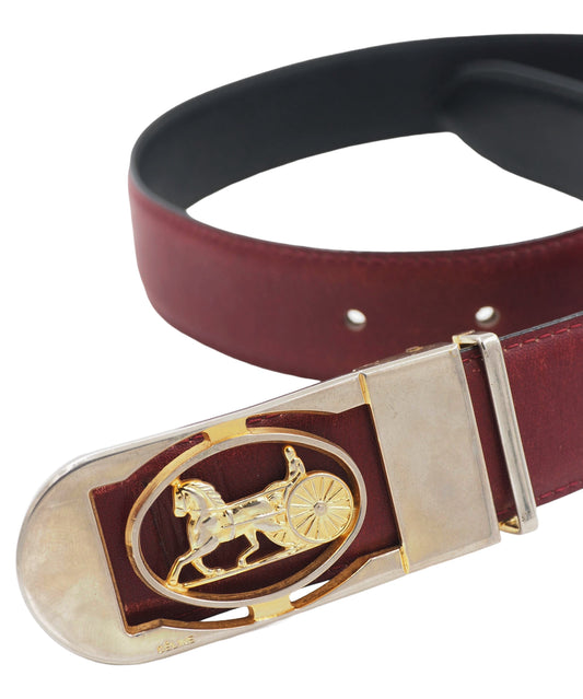 Celine Reversible Black/ Burgundy Leather Belt W Horse & Carriage Buckle
