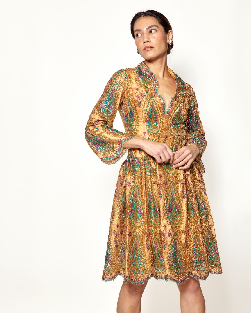 Vintage 1968 Bill Blass for Maurice Rentner Gold Lace Paisley Dress - The Kit Vintage