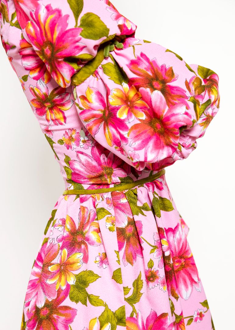 Vintage Pink Floral Ruched Sleeve Dress with Velvet Trim - The Kit Vintage