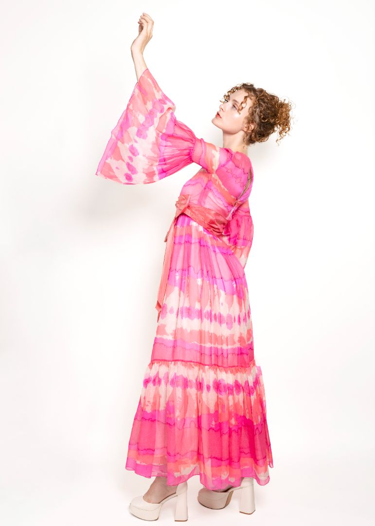 Vintage Malcom Starr Pink Chiffon Bell Sleeve Dress - The Kit Vintage