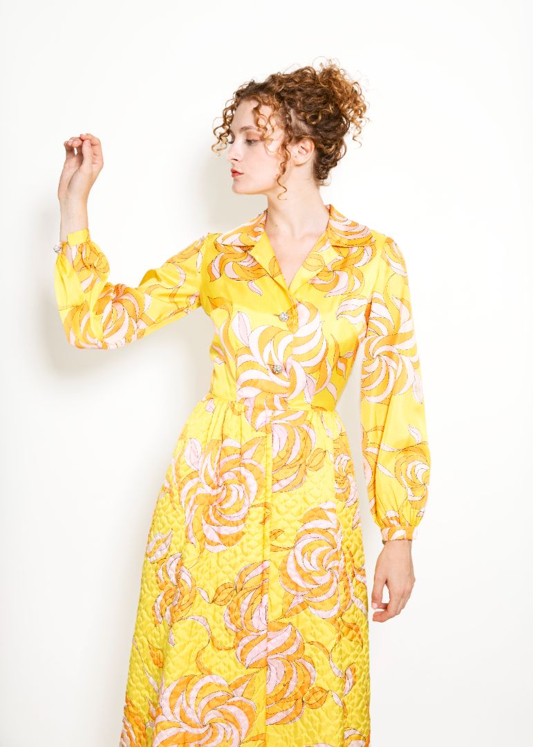Saks Fifth Ave Yellow Print & Quilted Dress - The Kit Vintage