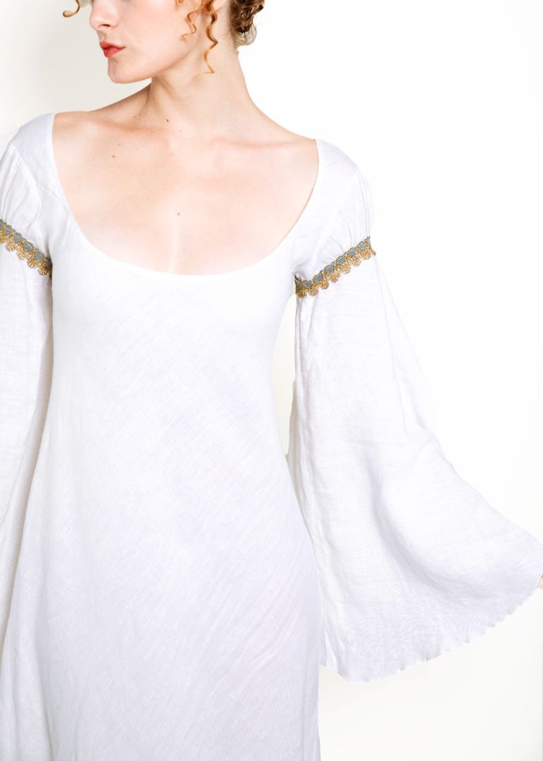 Jane Booke Linen Bell Sleeve Camelot Dress W/ Trim - The Kit Vintage