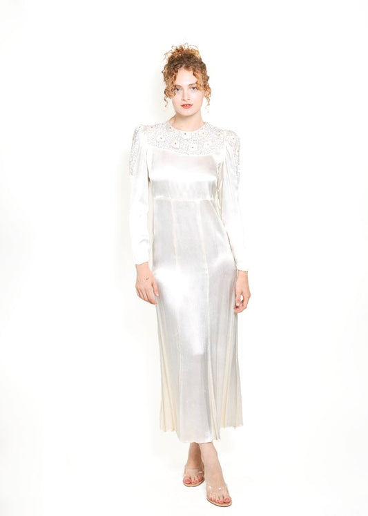 Vintage 1930s Cream Silk Long Sleeved Embroidered Gown - The Kit Vintage