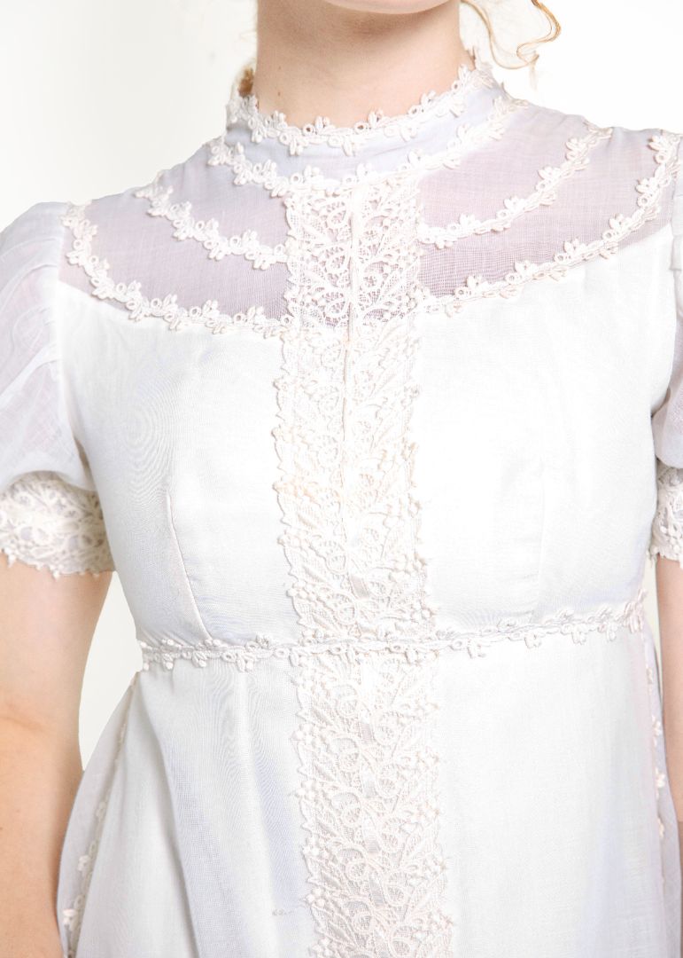 Vintage 1970's White Gown with Train close up view