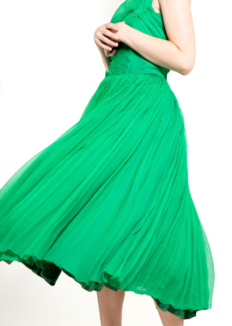 1950's Vintage Kelly Green Silk Chiffon Cocktail Dress - The Kit Vintage
