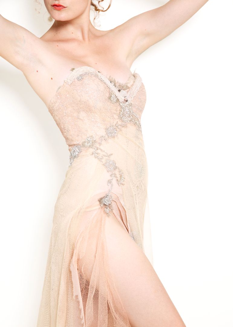 Handmade Parisian Couture Blush Embroidered Silk Tulle Corset side closeup