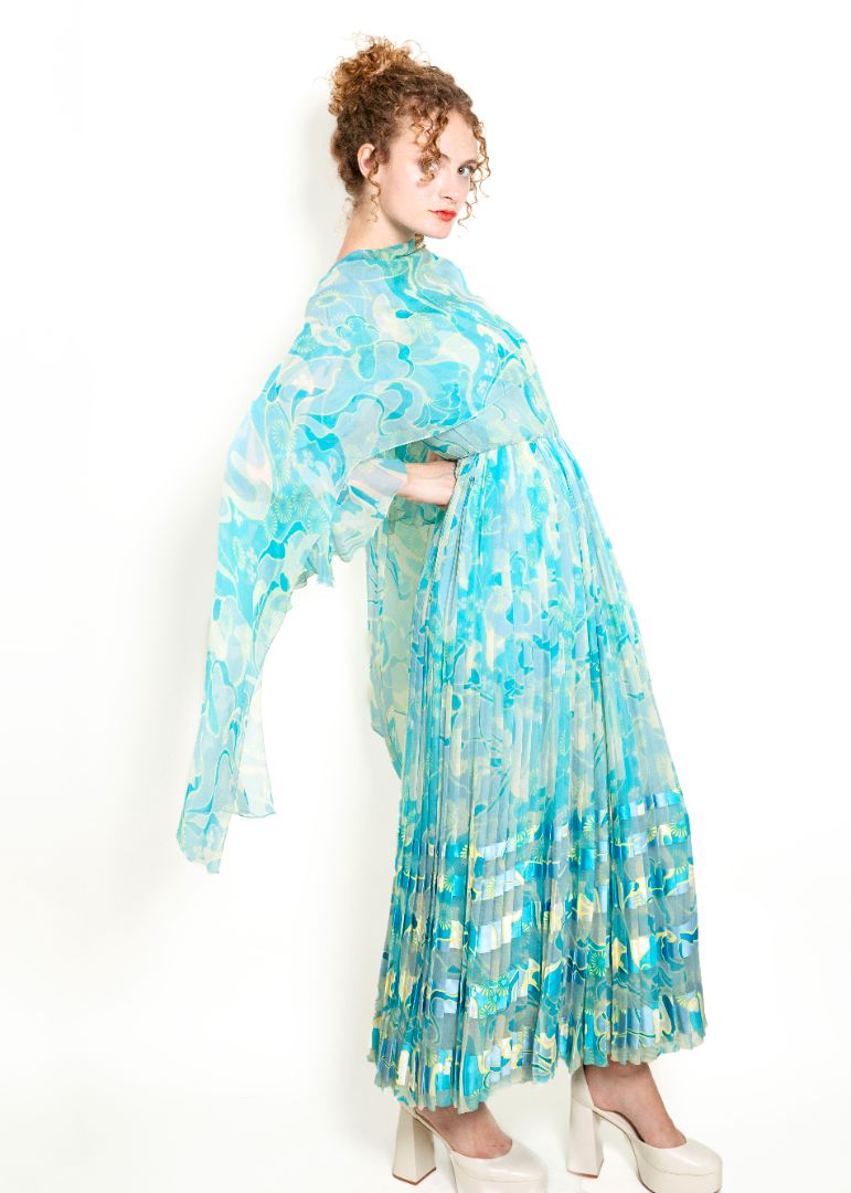 Vintage 1970's Blue Silk Printed Chiffon Dress - The Kit Vintage