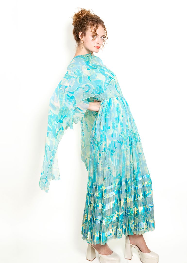 Vintage 1970's Blue Silk Printed Chiffon Dress