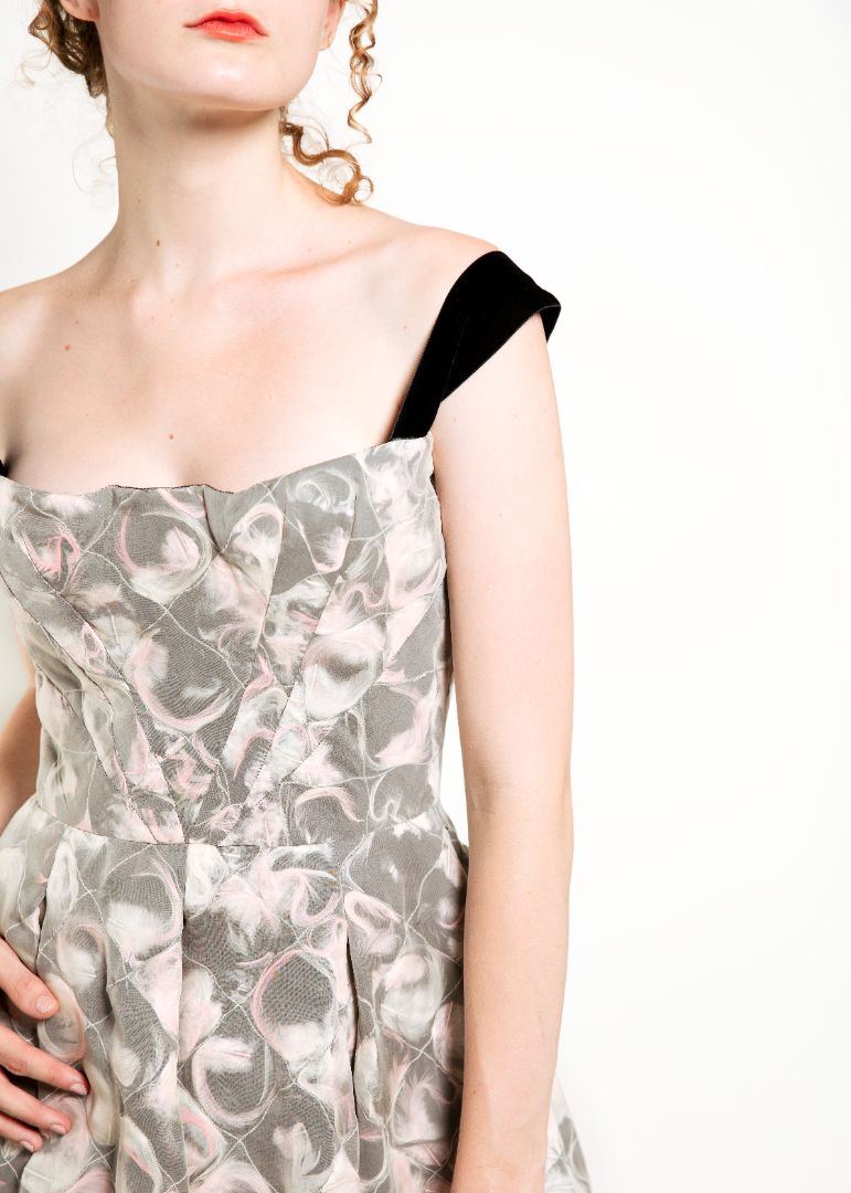 Louis Vuitton Fall 2010 Ivory , Pink & Black Feather Silk Quilted Cocktail Dress close up front view