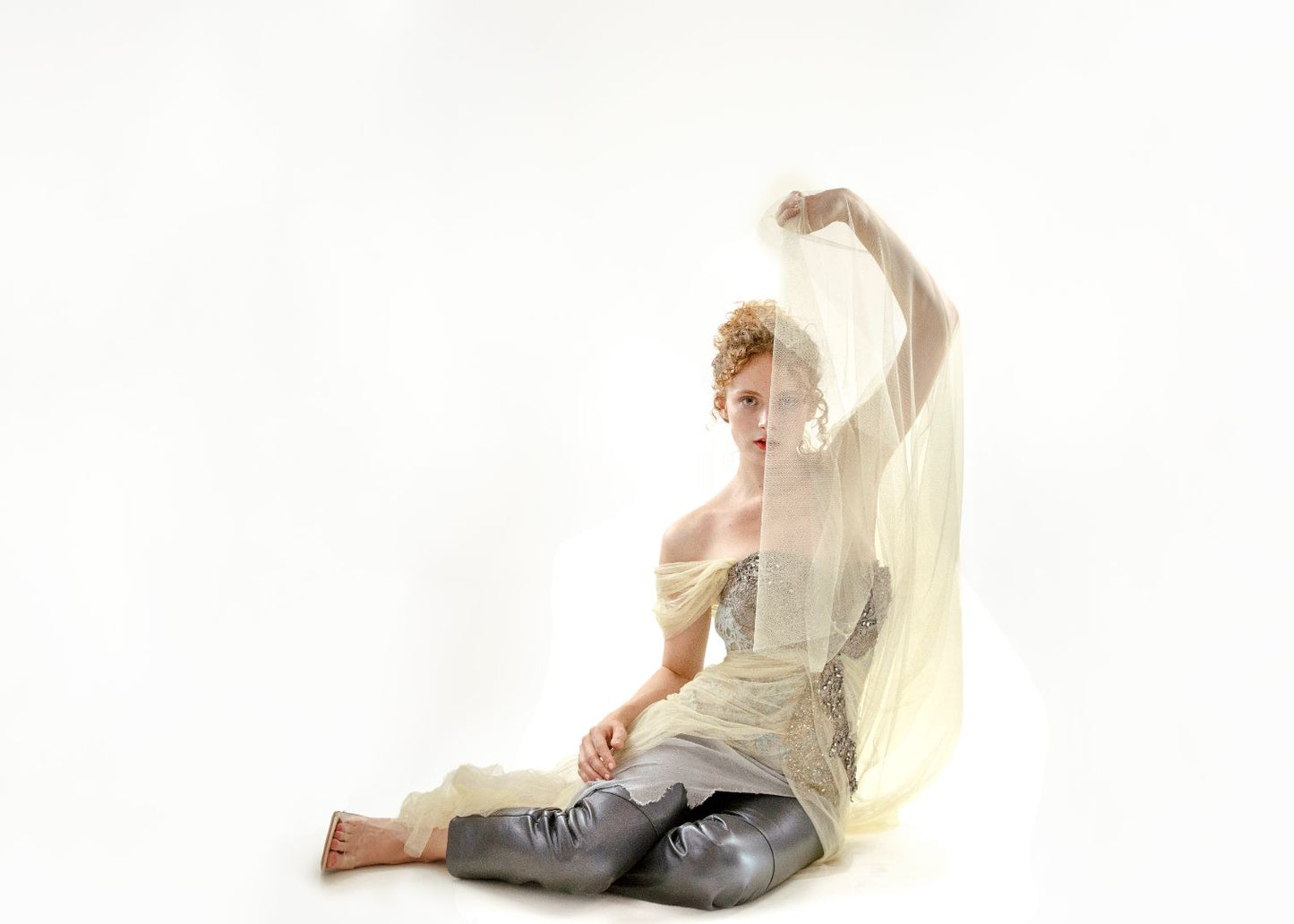 Trash Couture Paris Cream beaded Silk Tulle Corset sitting photo
