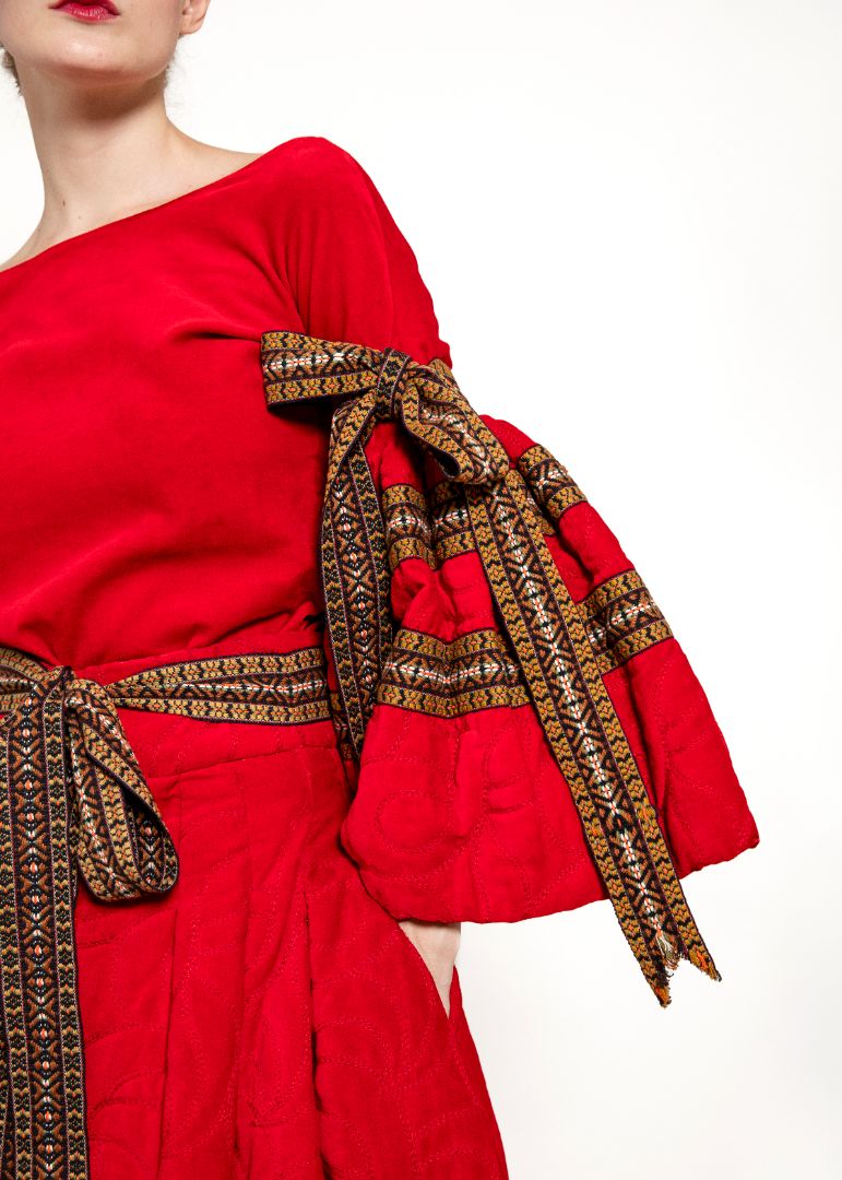 Adolfo 1969 Red Adolfo Embroidered & Trim Skirt Set