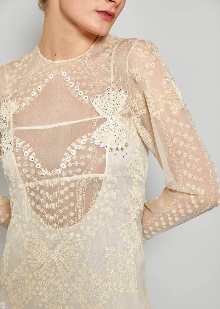 Zandra Rhodes Vintage White Spring/Summer 1985 Screen Print Rhinestone Embellished Bow Dress front closeup detail image