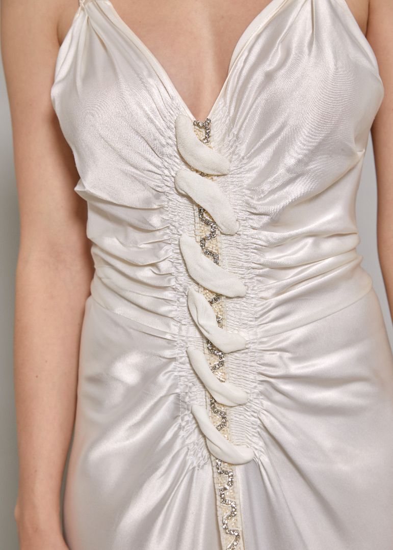 John Galliano S/S 2006 White Satin Bias Cut Dress Front Detail View of beadwork and fabric details