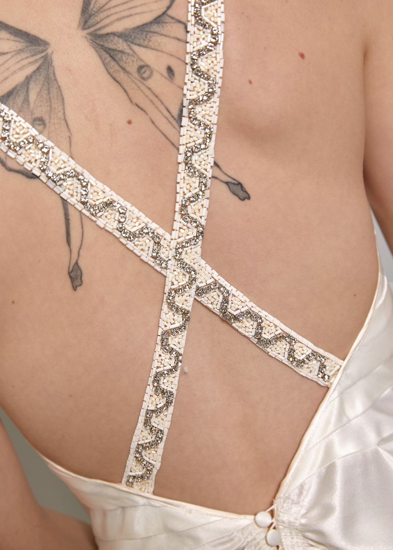 John Galliano S/S 2006 White Satin Bias Cut Dress beading cross back detail