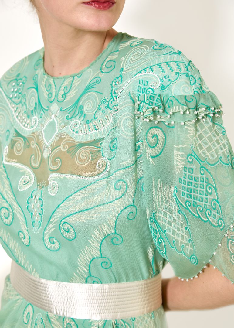 Zandra Rhodes S/S 1989 Mint Green Pearl Trimmed Satin Belt Dress - The Kit Vintage