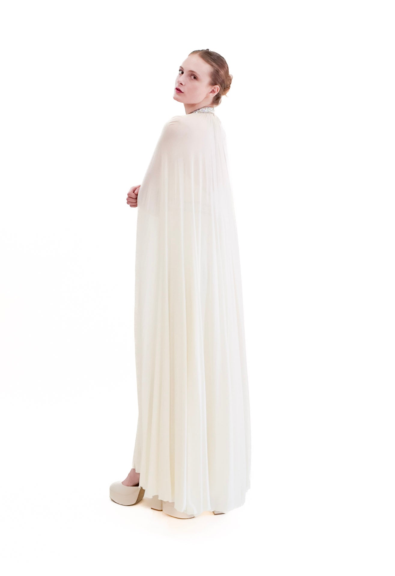 Claude Riha White Caped Gown with Beaded Neckline and Waistline - The Kit Vintage