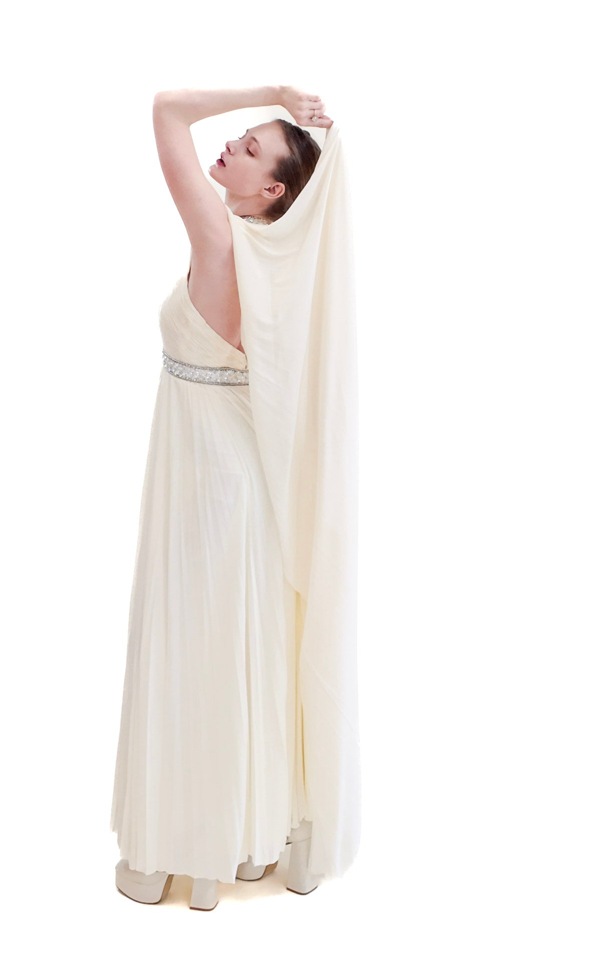 Claude Riha White Caped Gown with Beaded Neckline and Waistline - The Kit Vintage