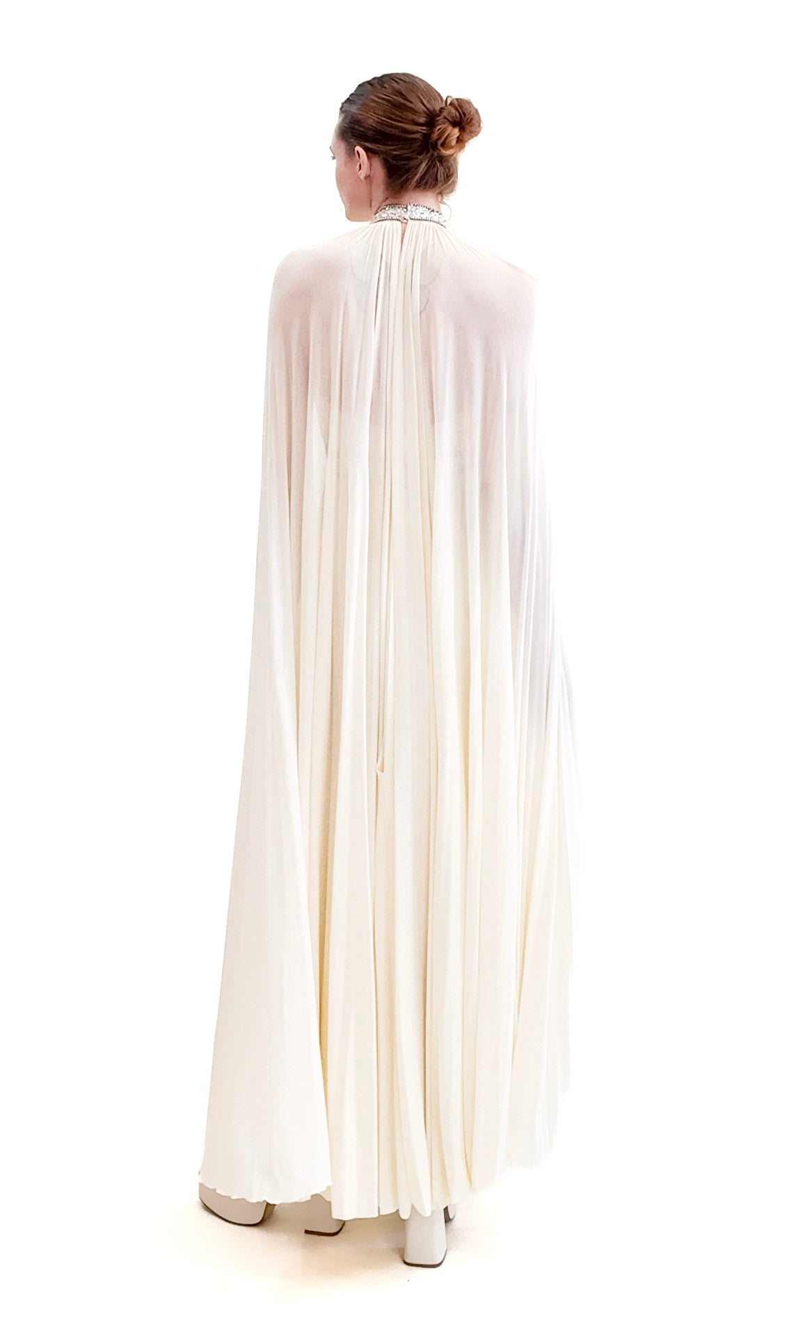 Claude Riha White Caped Gown with Beaded Neckline and Waistline - The Kit Vintage