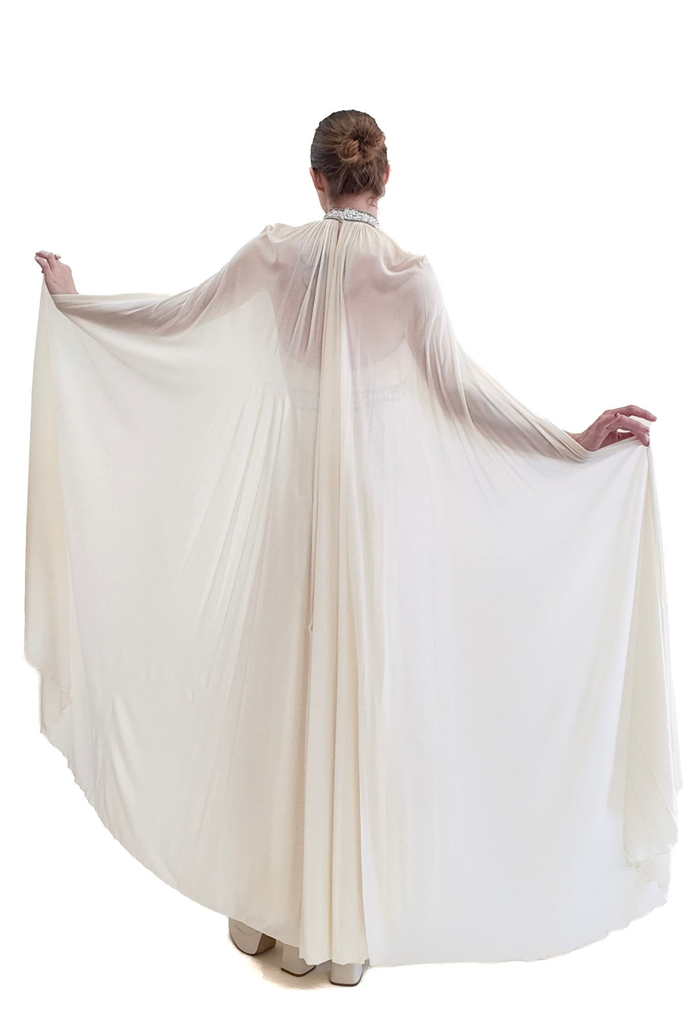 Claude Riha White Caped Gown with Beaded Neckline and Waistline - The Kit Vintage