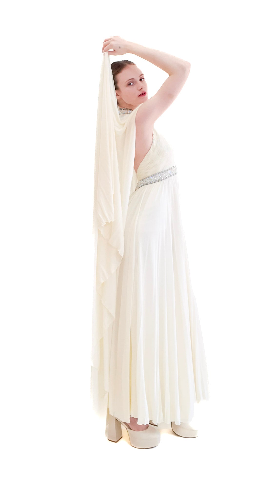Claude Riha White Caped Gown with Beaded Neckline and Waistline - The Kit Vintage
