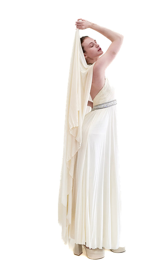 Claude Riha White Caped Gown with Beaded Neckline and Waistline - The Kit Vintage