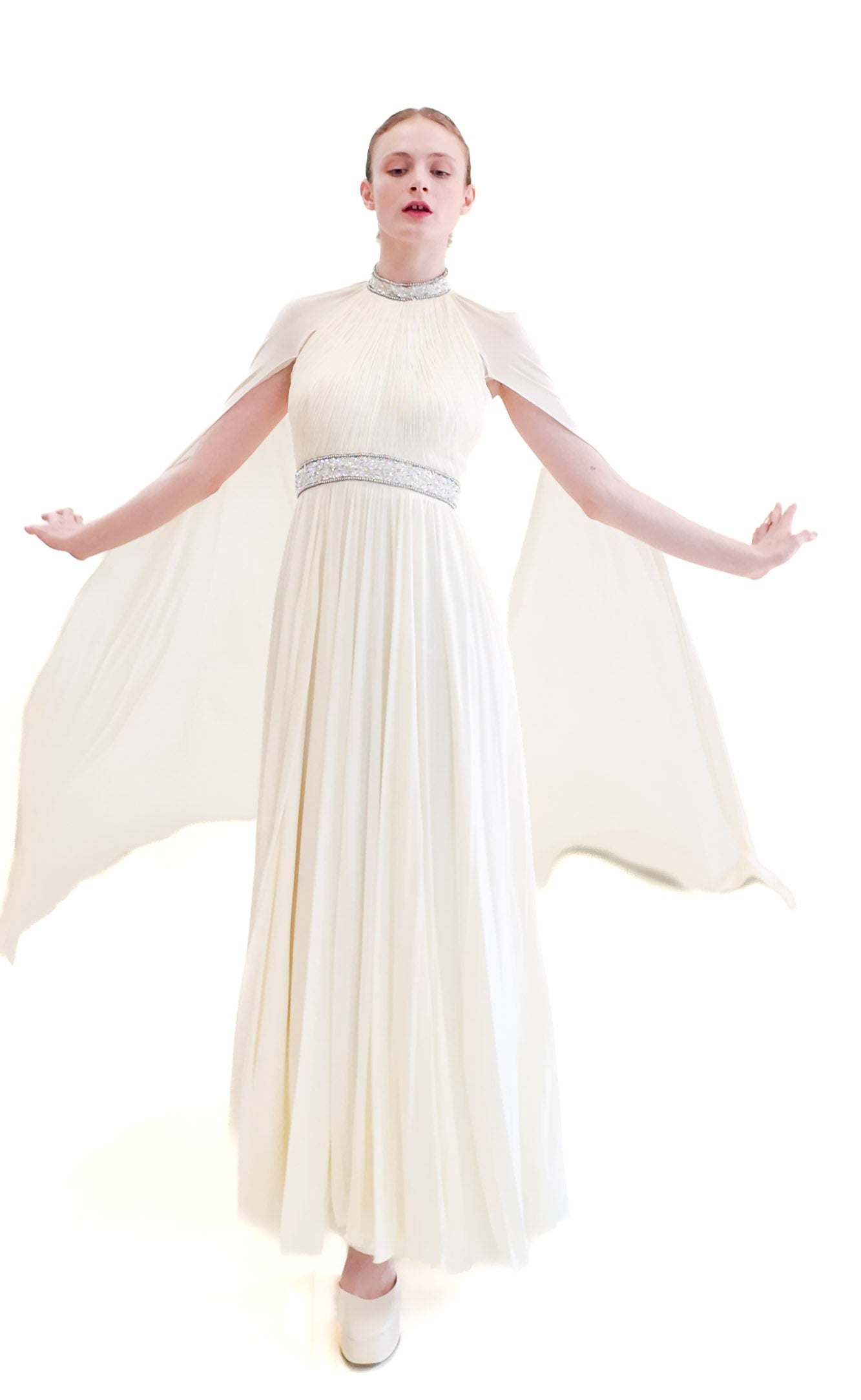 Claude Riha White Caped Gown with Beaded Neckline and Waistline