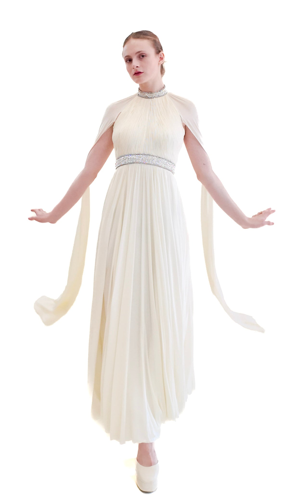 Claude Riha White Caped Gown with Beaded Neckline and Waistline - The Kit Vintage