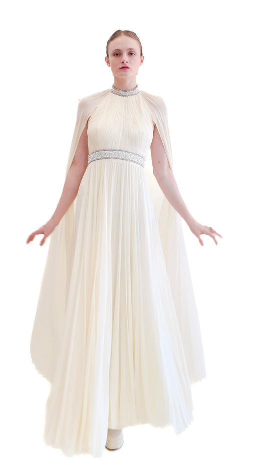 Claude Riha White Caped Gown with Beaded Neckline and Waistline - The Kit Vintage