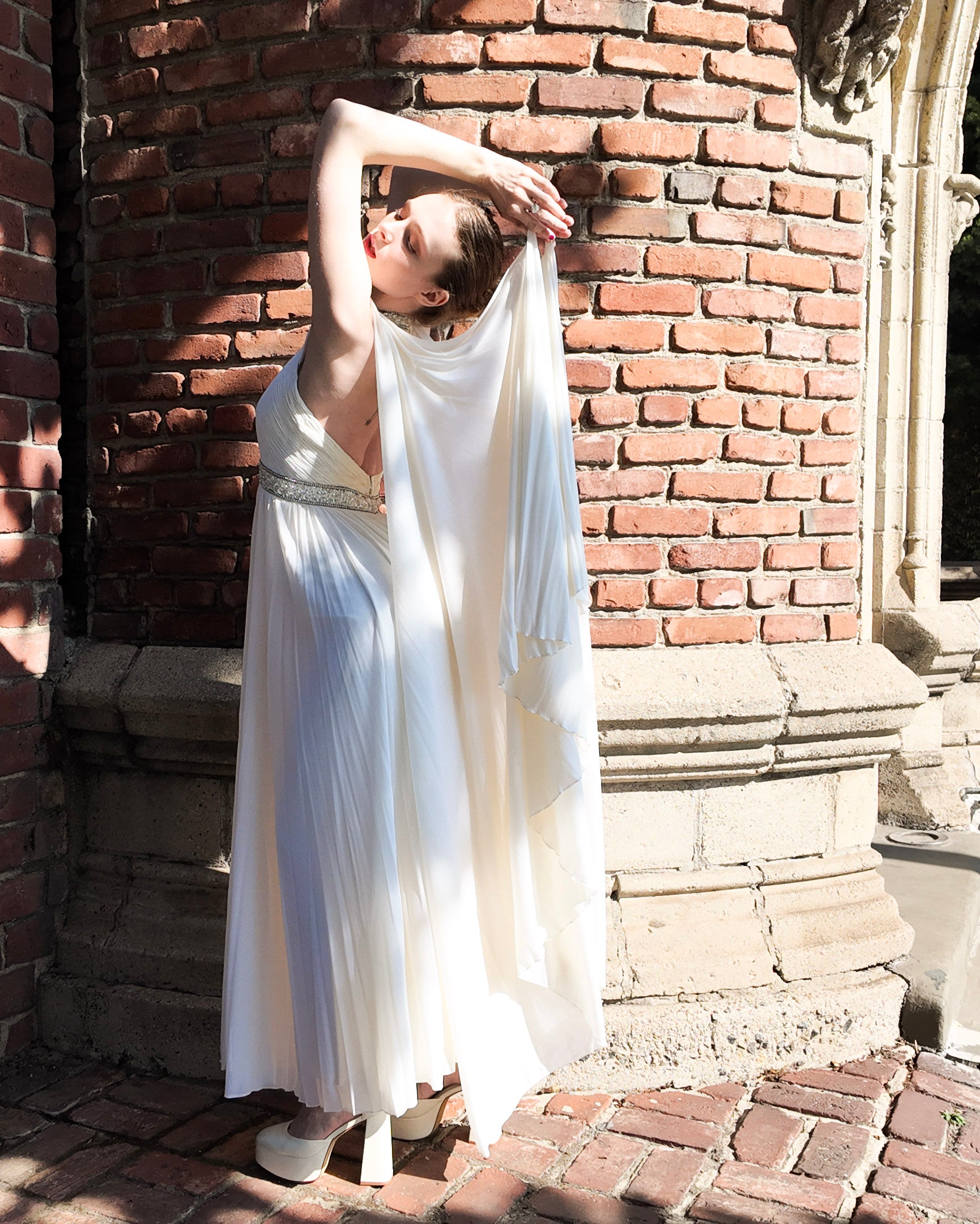 Claude Riha White Caped Gown with Beaded Neckline and Waistline - The Kit Vintage