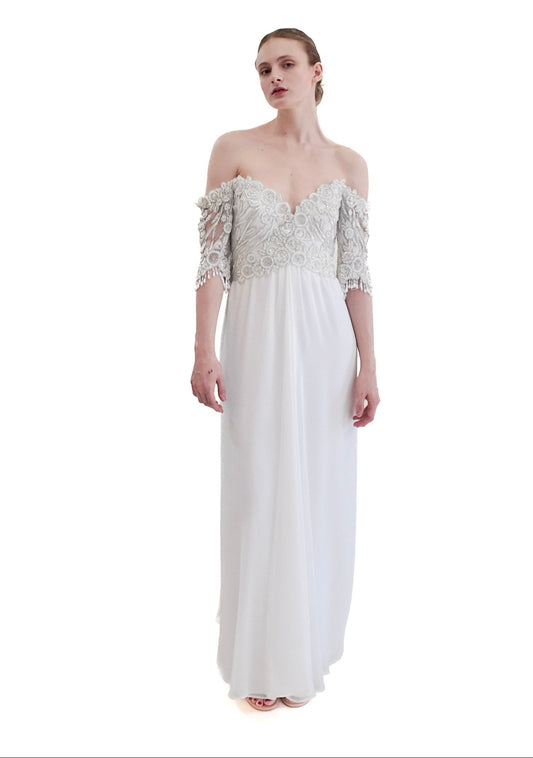 1980's Vintage Bob Mackie White Gown with White Beaded Bodice - The Kit Vintage