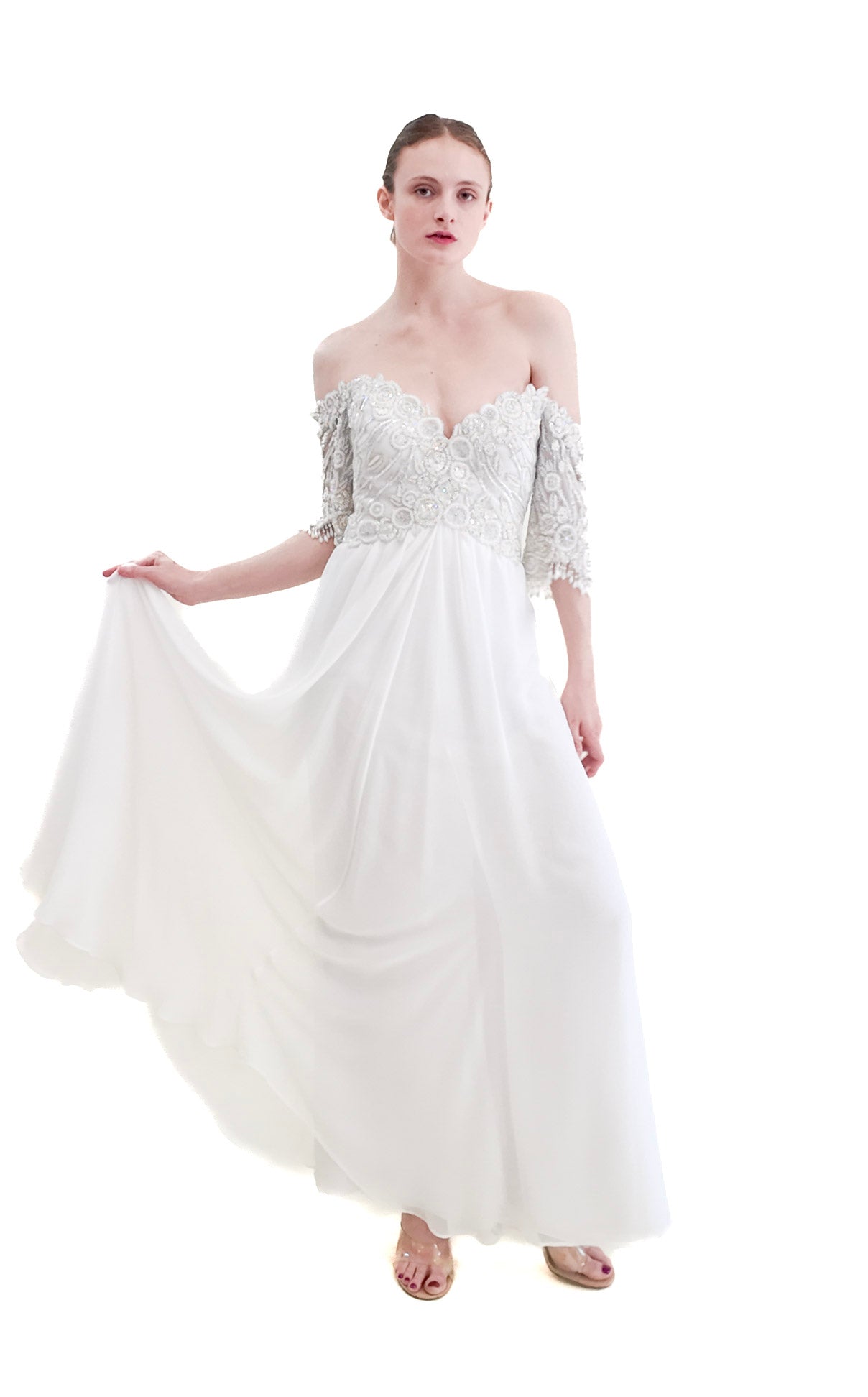 1980's Vintage Bob Mackie White Gown with White Beaded Bodice - The Kit Vintage