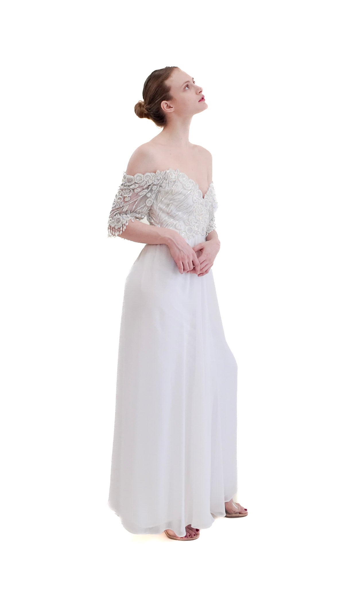 1980's Vintage Bob Mackie White Gown with White Beaded Bodice - The Kit Vintage