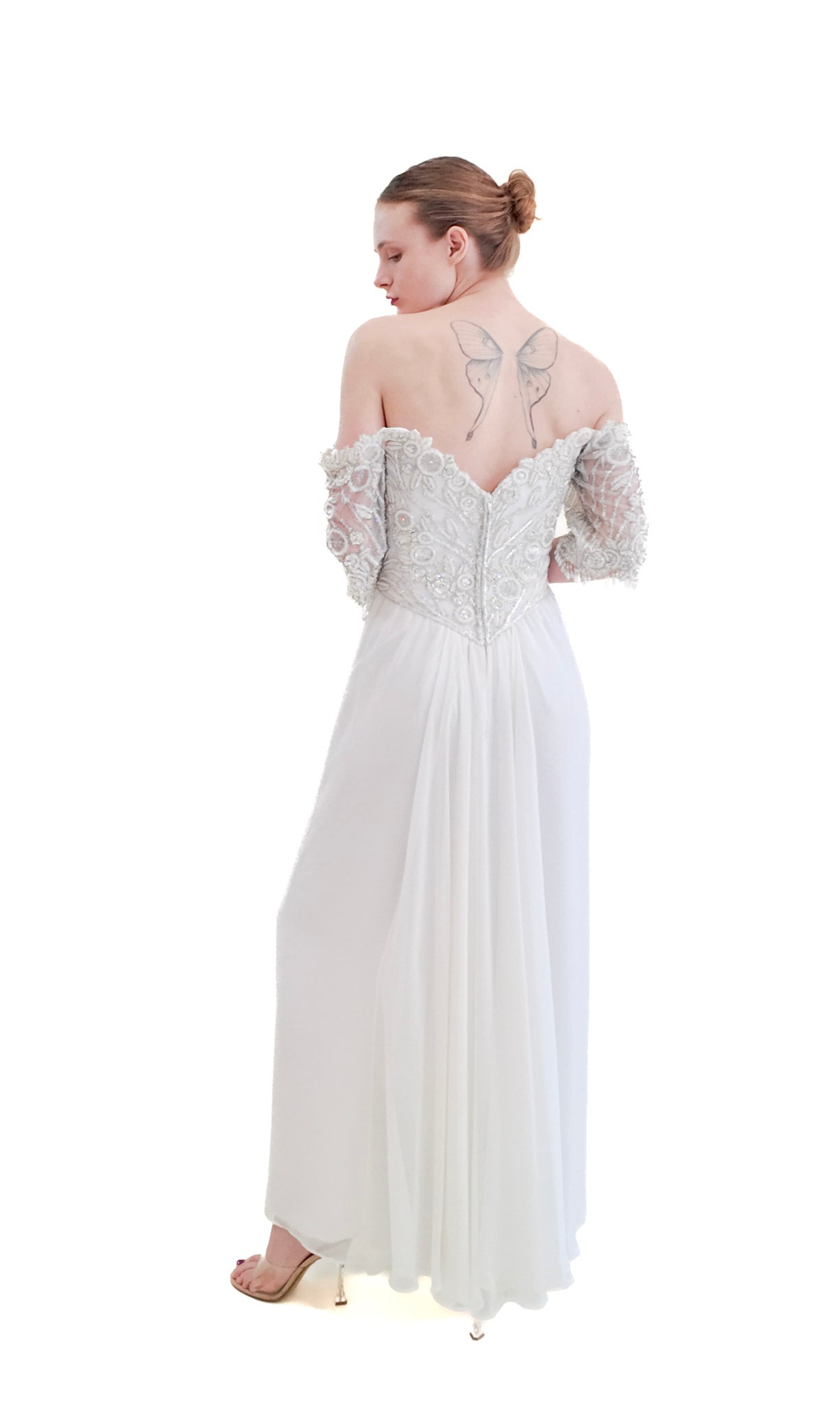 1980's Vintage Bob Mackie White Gown with White Beaded Bodice - The Kit Vintage