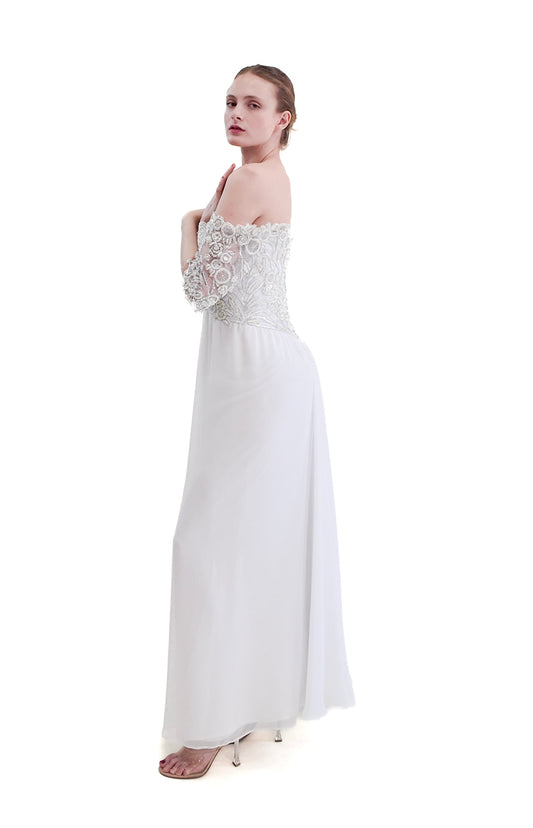 1980's Vintage Bob Mackie White Gown with White Beaded Bodice - The Kit Vintage