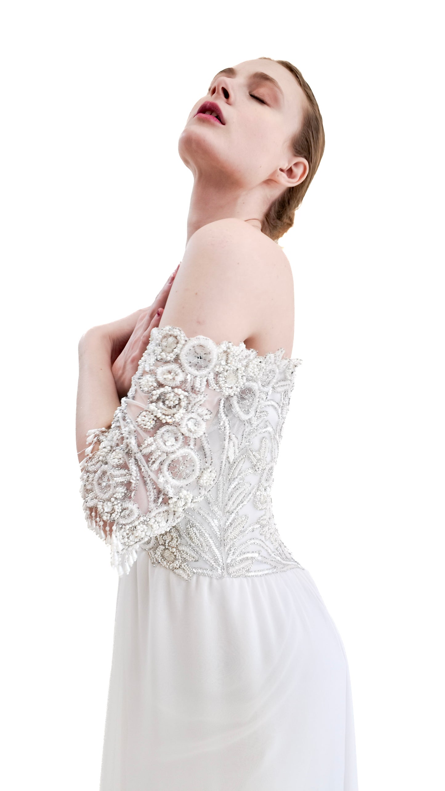 1980's Vintage Bob Mackie White Gown with White Beaded Bodice