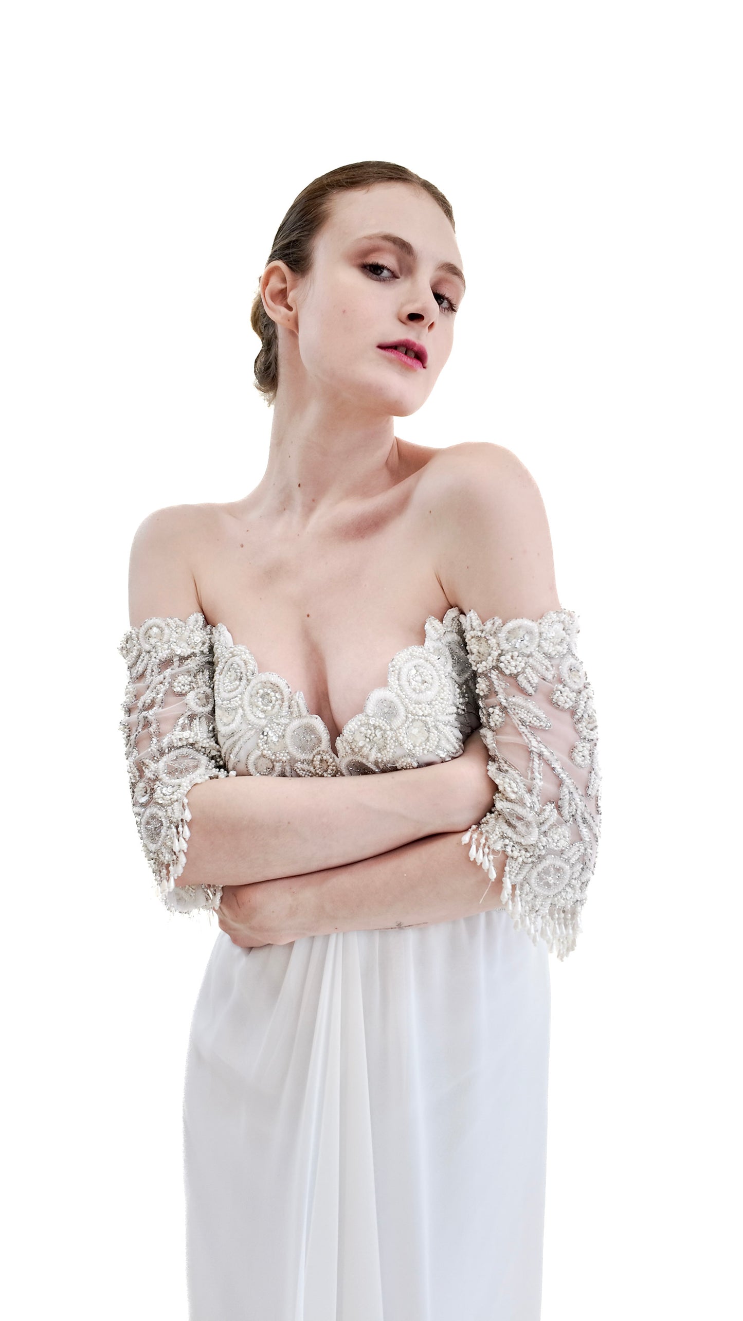 1980's Vintage Bob Mackie White Gown with White Beaded Bodice