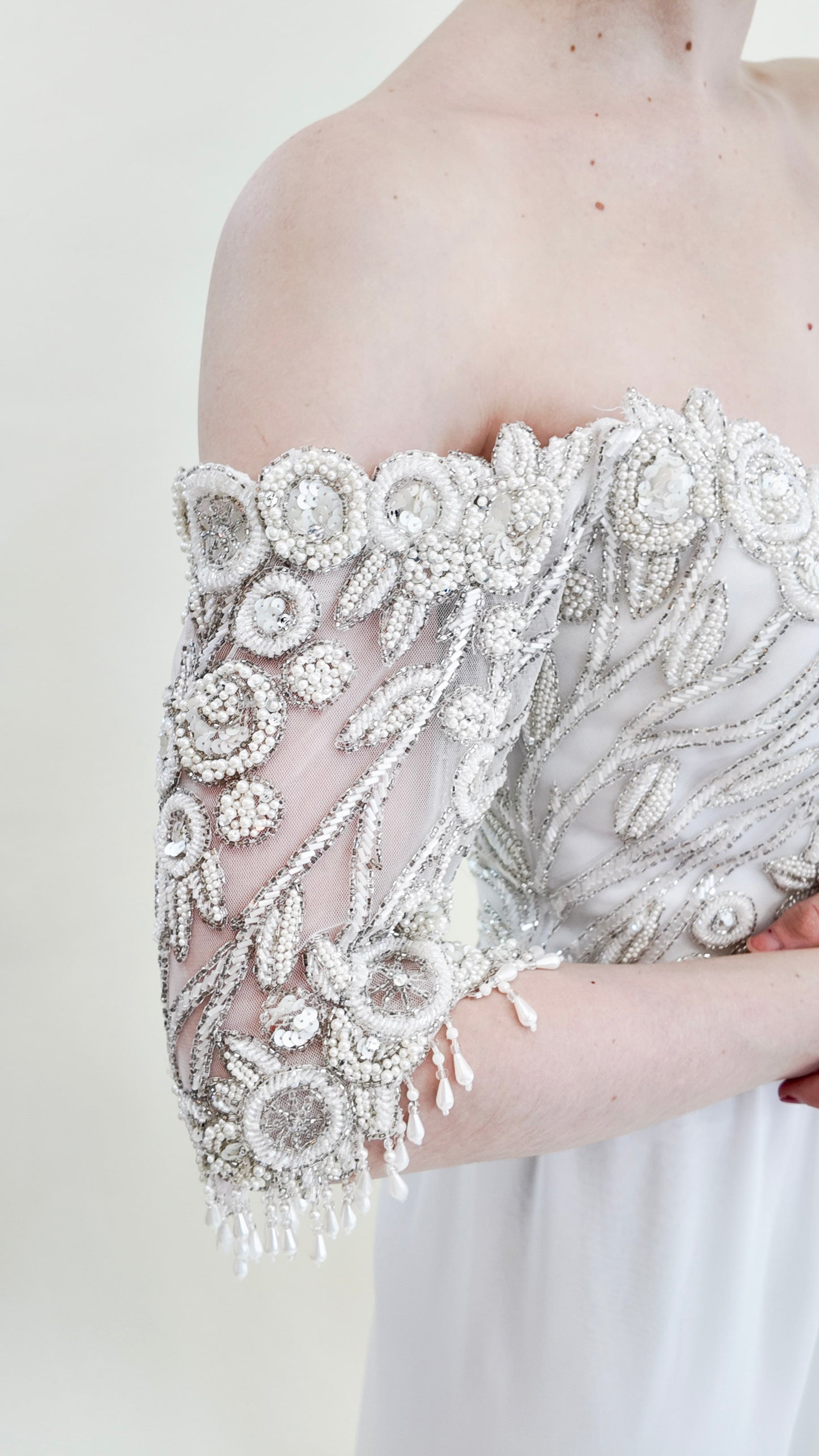 1980's Vintage Bob Mackie White Gown with White Beaded Bodice
