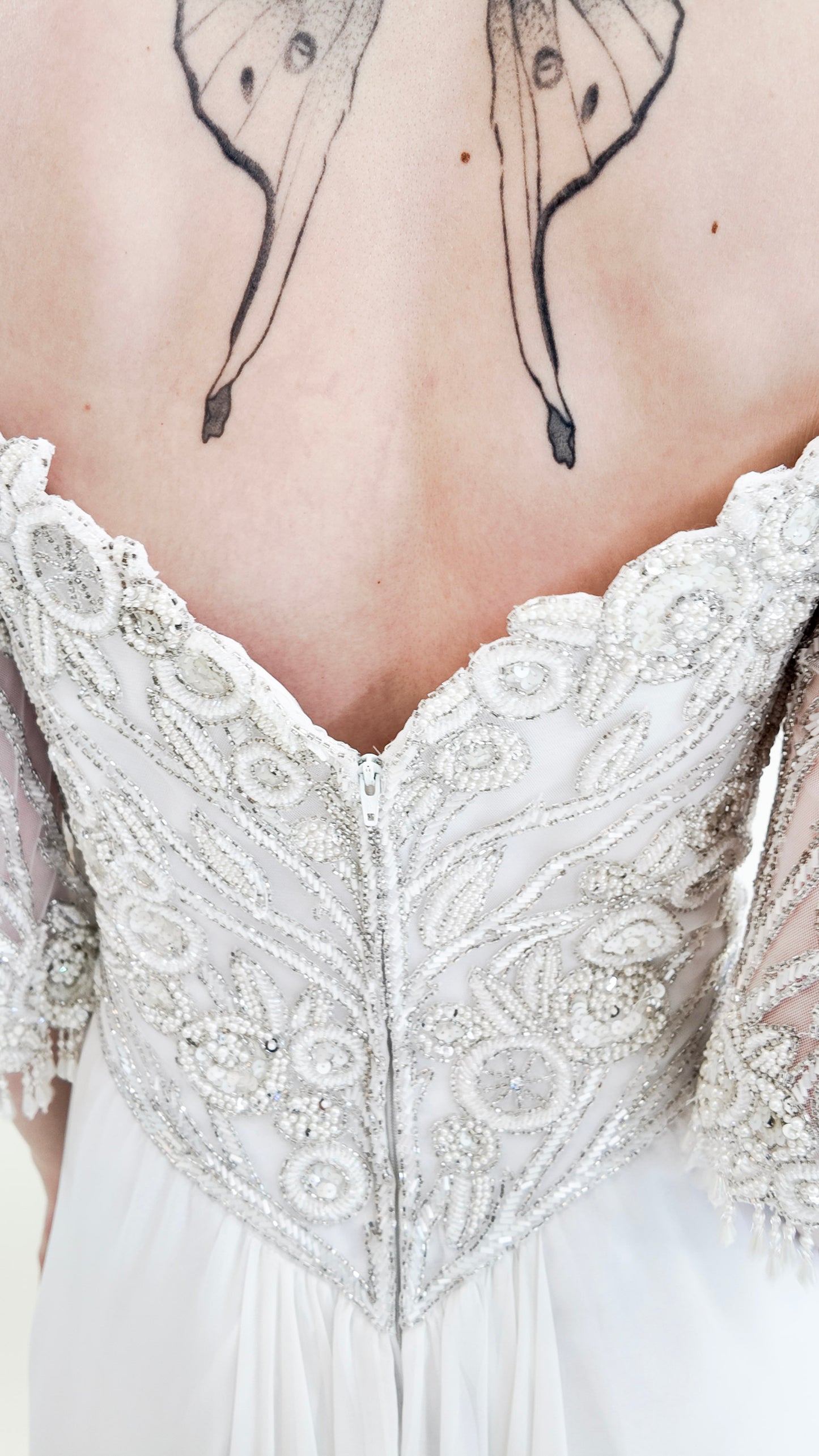 1980's Vintage Bob Mackie White Gown with White Beaded Bodice