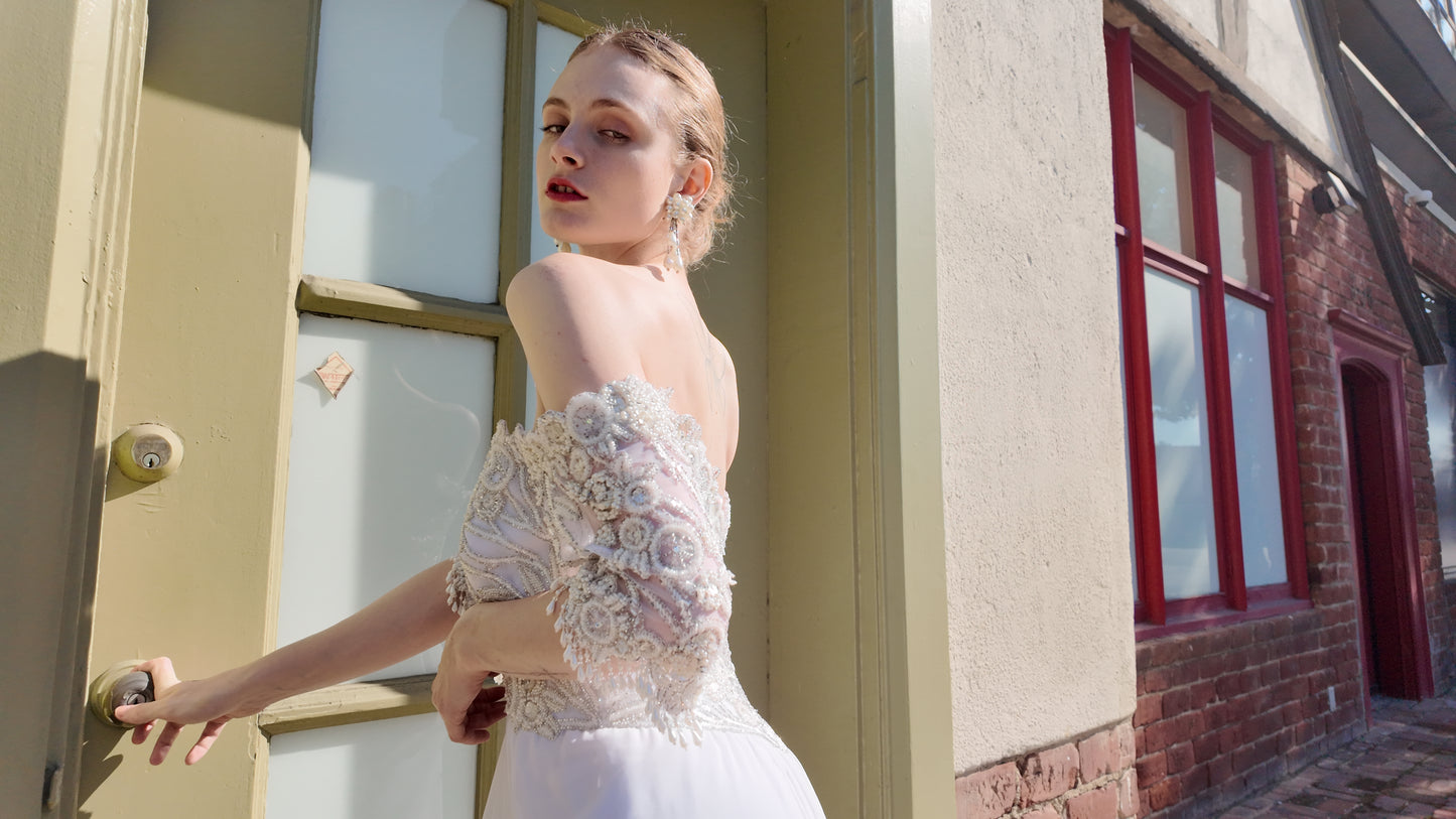 1980's Vintage Bob Mackie White Gown with White Beaded Bodice